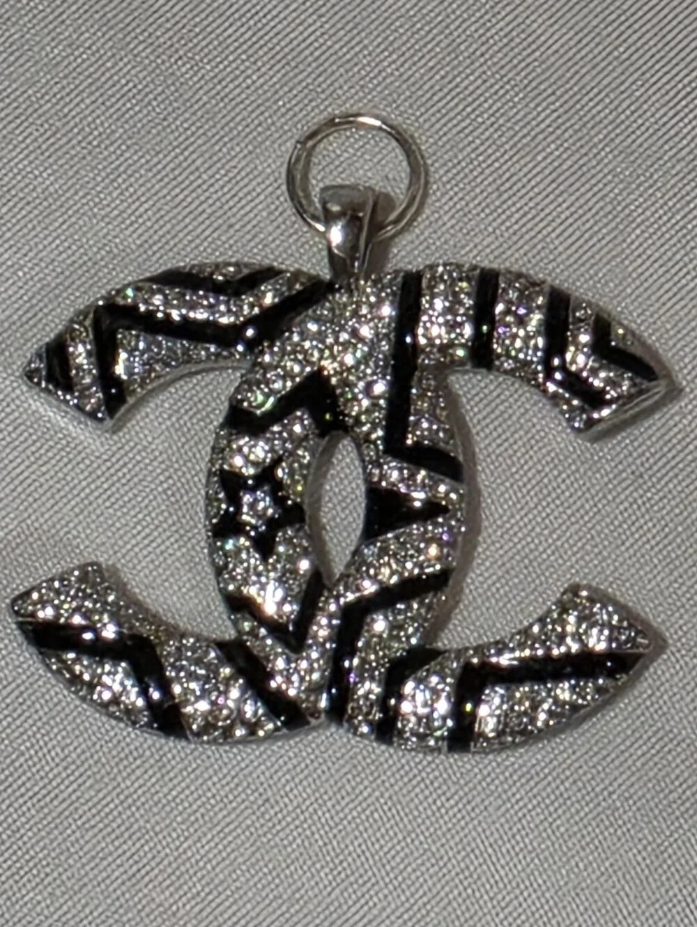 CHANEL Black and Silver Crystal CC Logo Pendant Charm